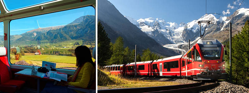 Glaciärexpressen genom Alperna i Schweiz.